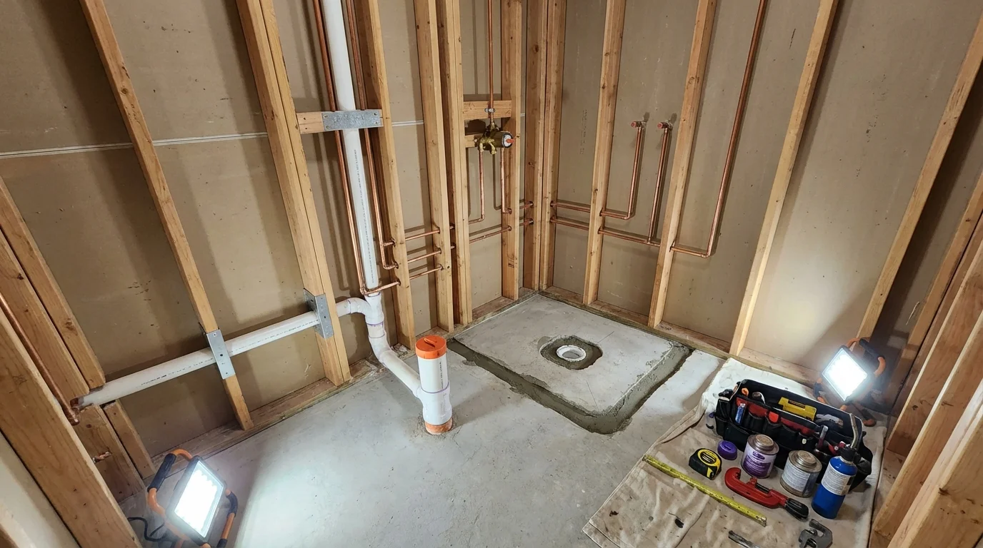 Bathroom rough-in plumbing during remodel by Johns Plumbing LLC in Raeford