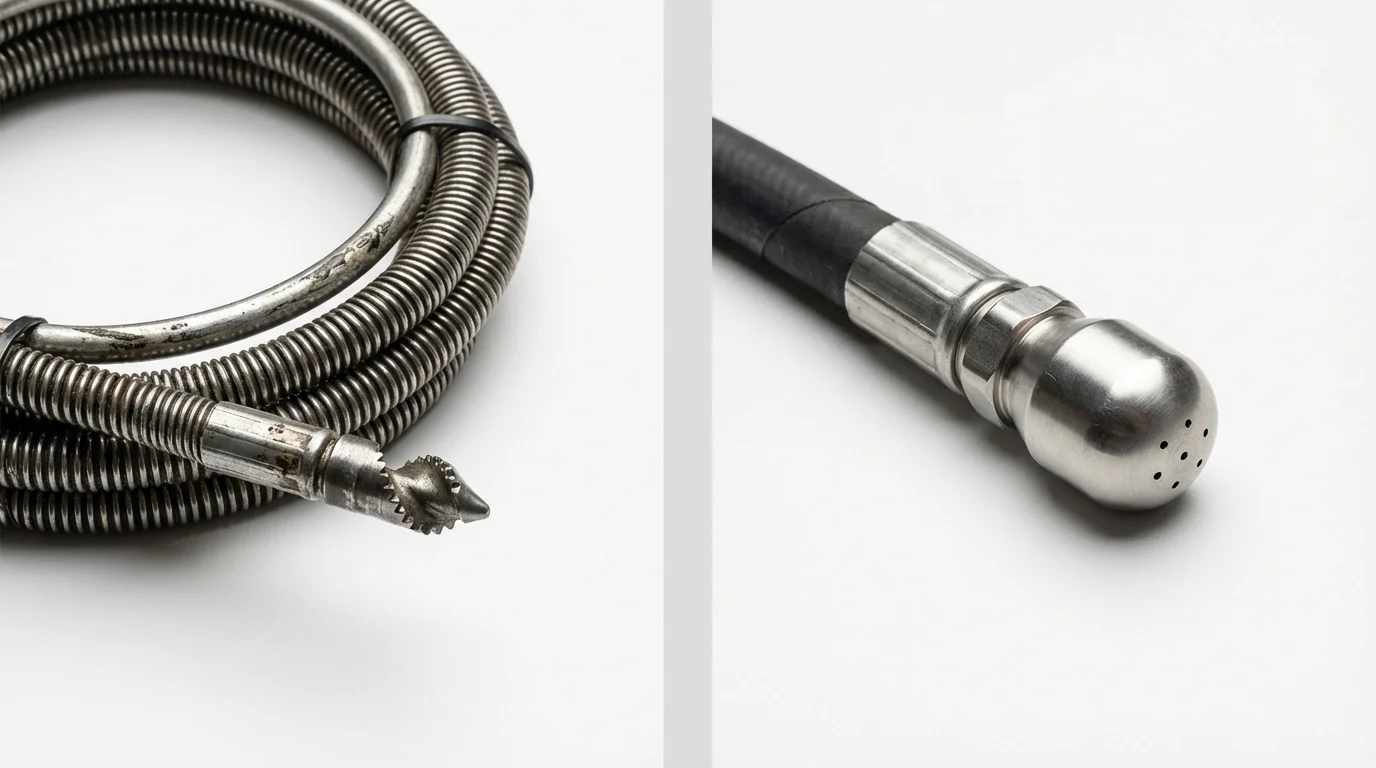 Drain snake cable and hydro jetting nozzle used for drain cleaning in Raeford, NC
