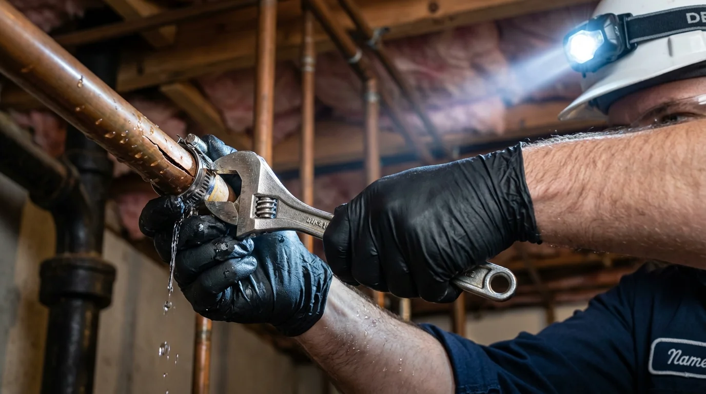 Emergency pipe clamp repair being performed by a Johns Plumbing LLC plumber in Raeford