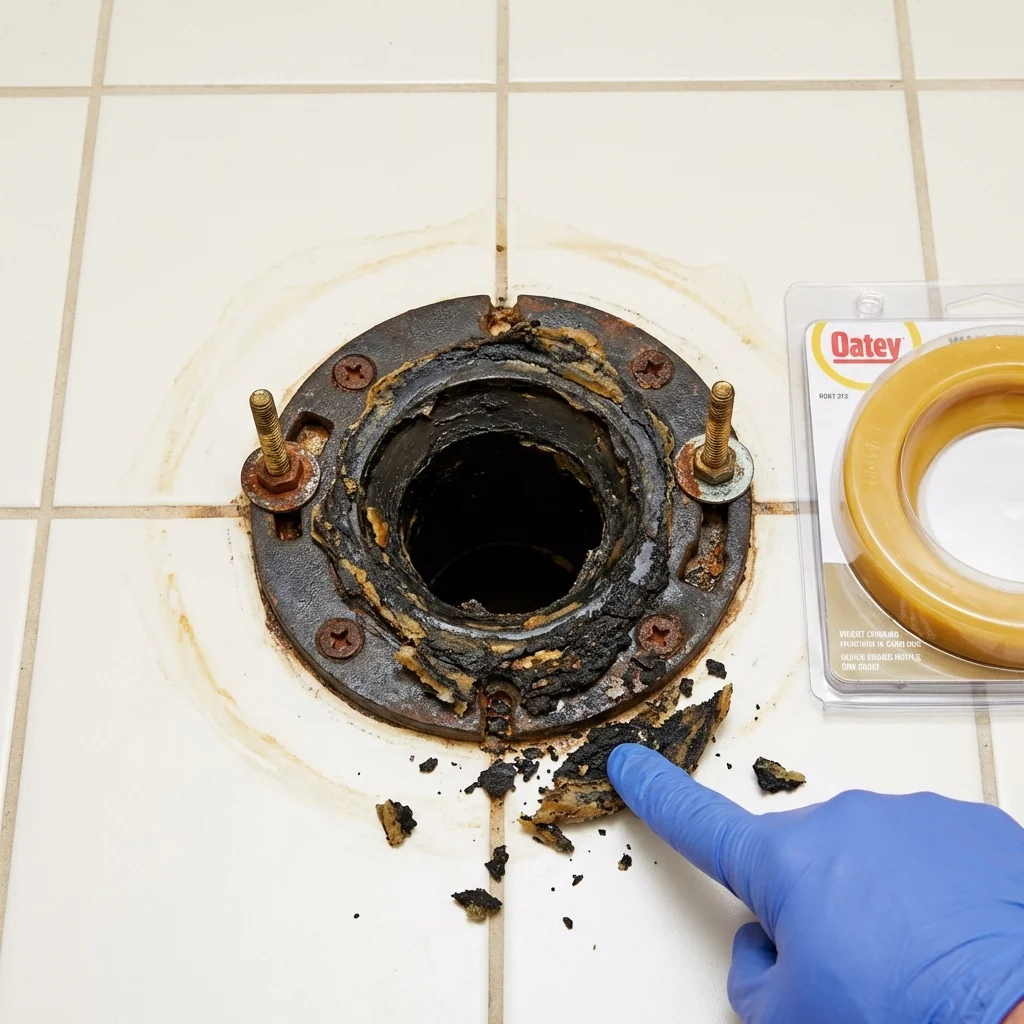 Failed wax ring showing water seepage at the base of a toilet in a Raeford, NC home
